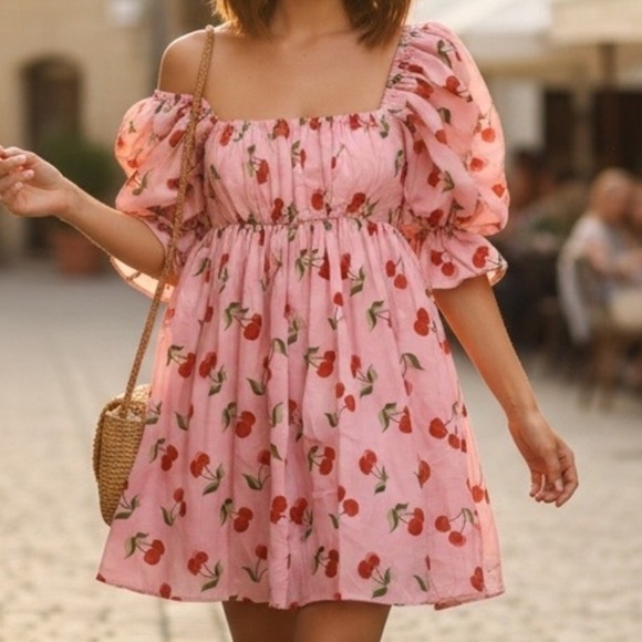 Smak Parlour Dresses & Skirts - Smak Parlour Cherry Print Puff Sleeve Babydoll Mini Dress S Pink Spring Break